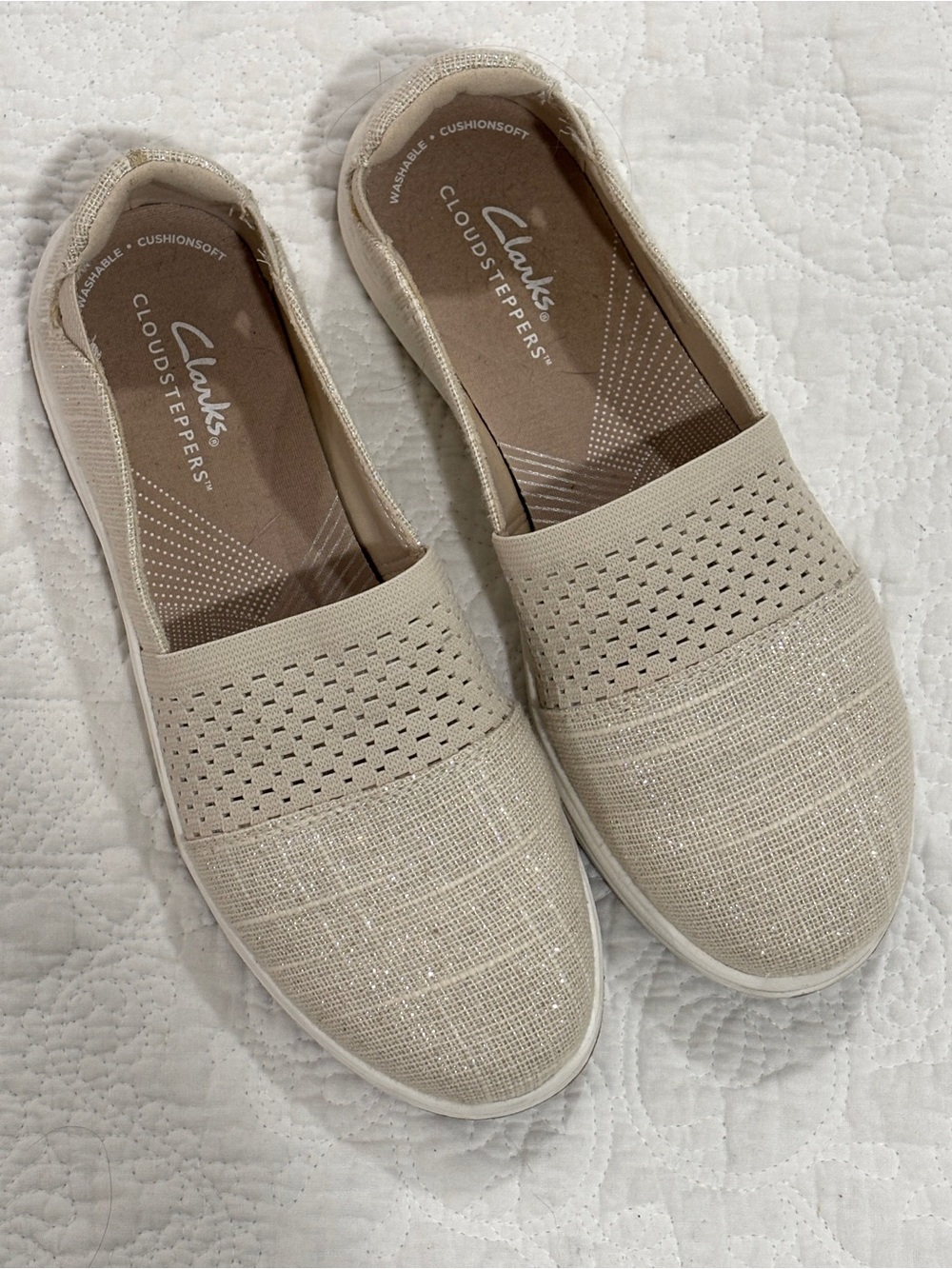 Clarks Cloudsteppers Women's Slip-On Flats in Light Tan Metallic